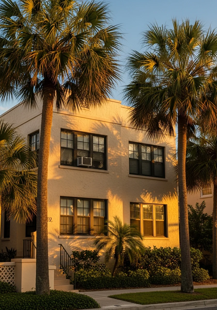 Saint Petersburg waterfront property with palm trees and residential building.