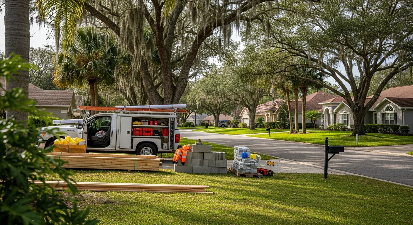 Spring Hill residential community with palm trees, single-family homes, and manicured landscaping.
