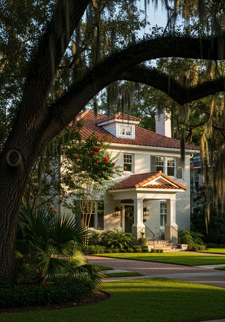 Residential Tampa neighborhood with palm trees and varied home styles.