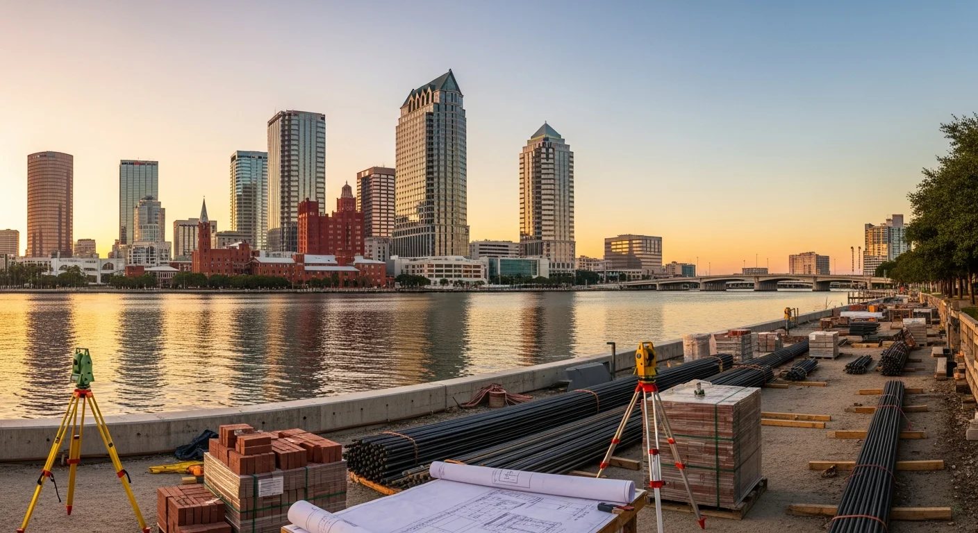 Tampa skyline at dusk with downtown buildings and Hillsborough River waterfront.