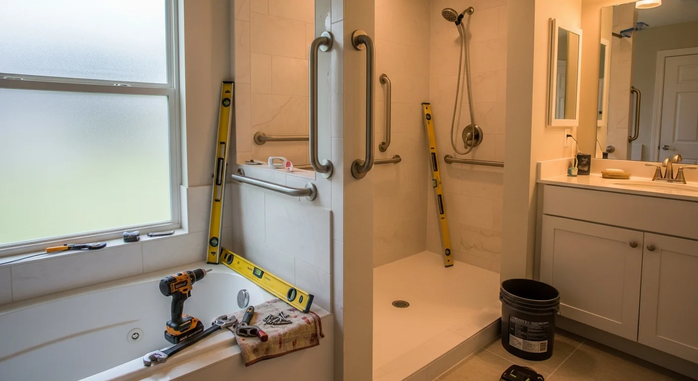 A Lutz single-family home bathroom showing a curbless walk-in shower with wall-mounted grab bars and a wide doorway cleared for mobility aid access. The hardware and tile finishes match the existing home interior.