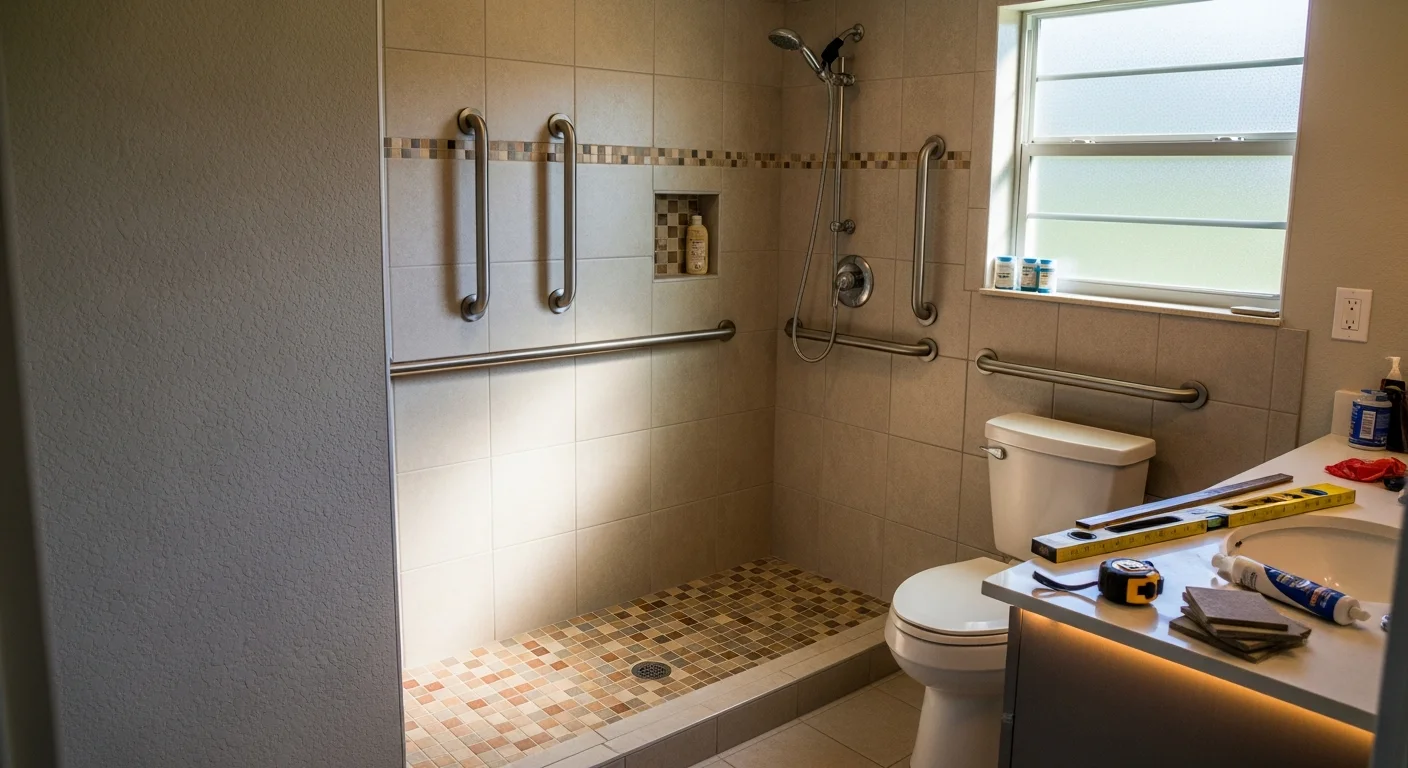 A renovated bathroom in a Lutz, Florida home featuring a curbless walk-in shower with wall-mounted grab bars and slip-resistant tile flooring. The space is bright, open, and modified for safe daily use by an older adult.