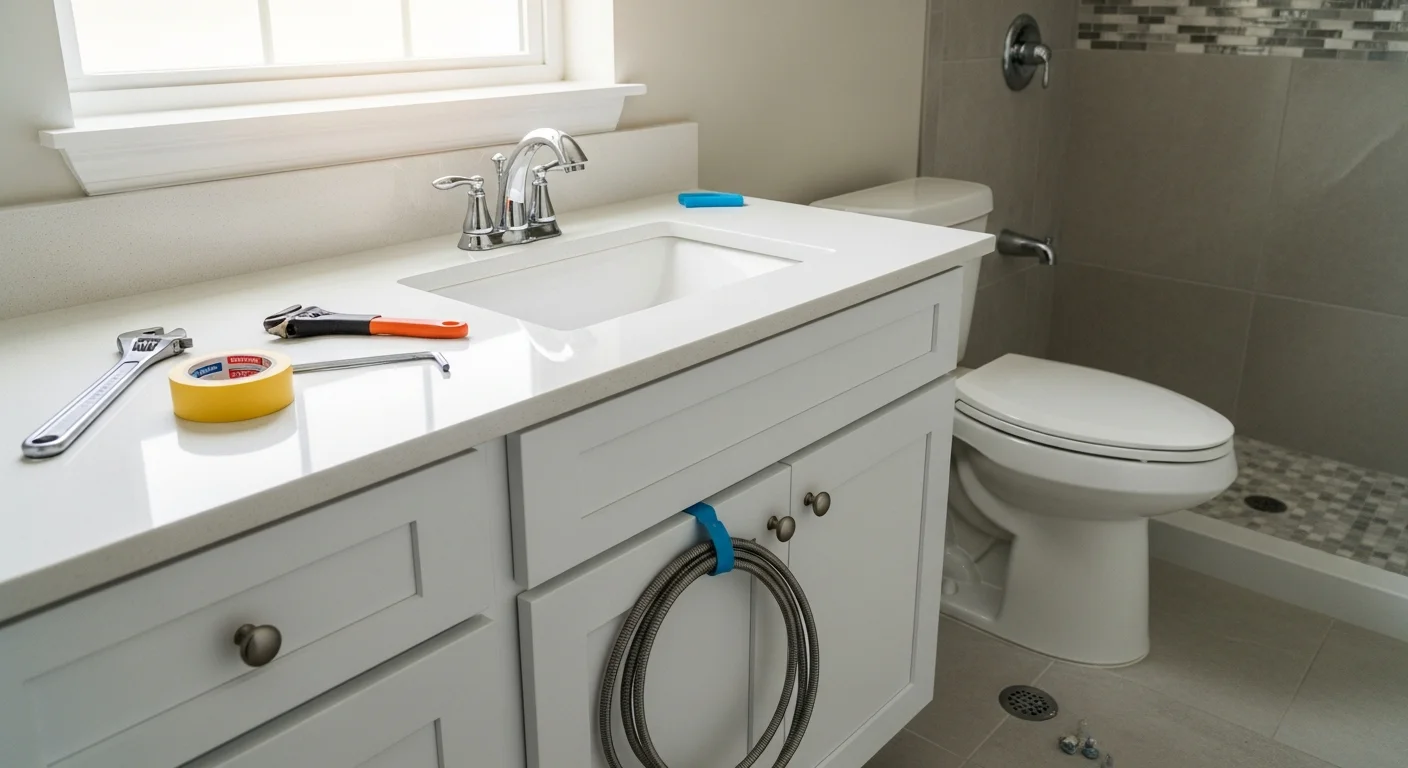 A newly installed bathroom vanity, faucet, and toilet in a single-family home in Lutz, Florida, with clean caulk lines and polished chrome hardware. The bathroom reflects a mid-sized layout typical of established Lutz neighborhoods built between the 1980s and early 2000s.