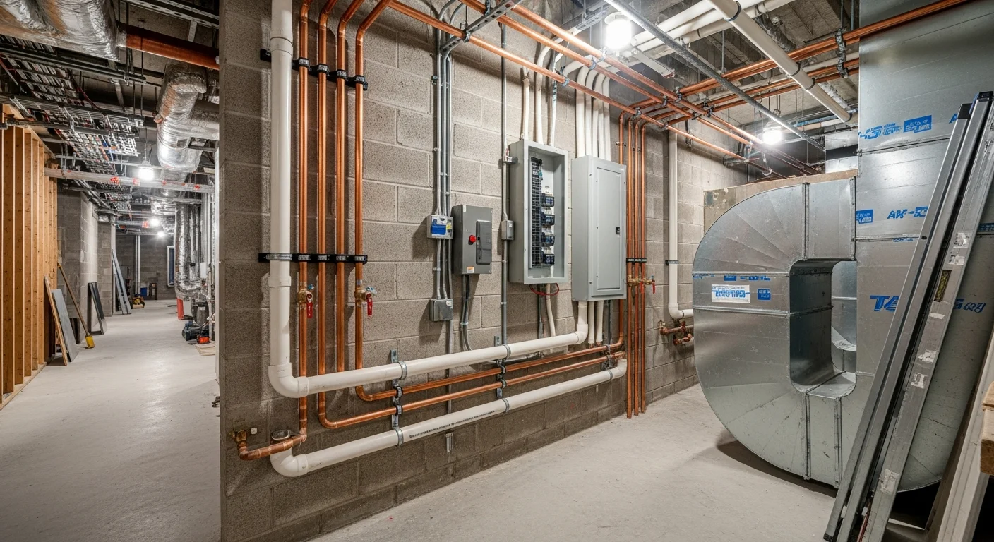A multifamily building in Lutz, Florida with newly installed HVAC equipment and updated electrical panels visible in a ground-floor mechanical room. A contractor reviews system documentation alongside the upgraded infrastructure.