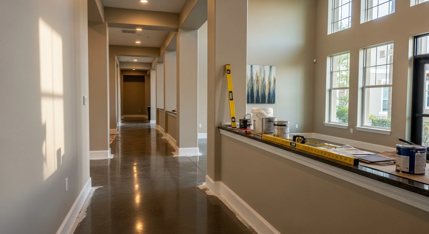 Renovated condominium common area lobby in Lutz, FL, showing updated flooring, modern lighting fixtures, and fresh wall finishes in a multifamily building corridor. Heritage Legacy Builders completed the interior renovation for a Lutz HOA community.