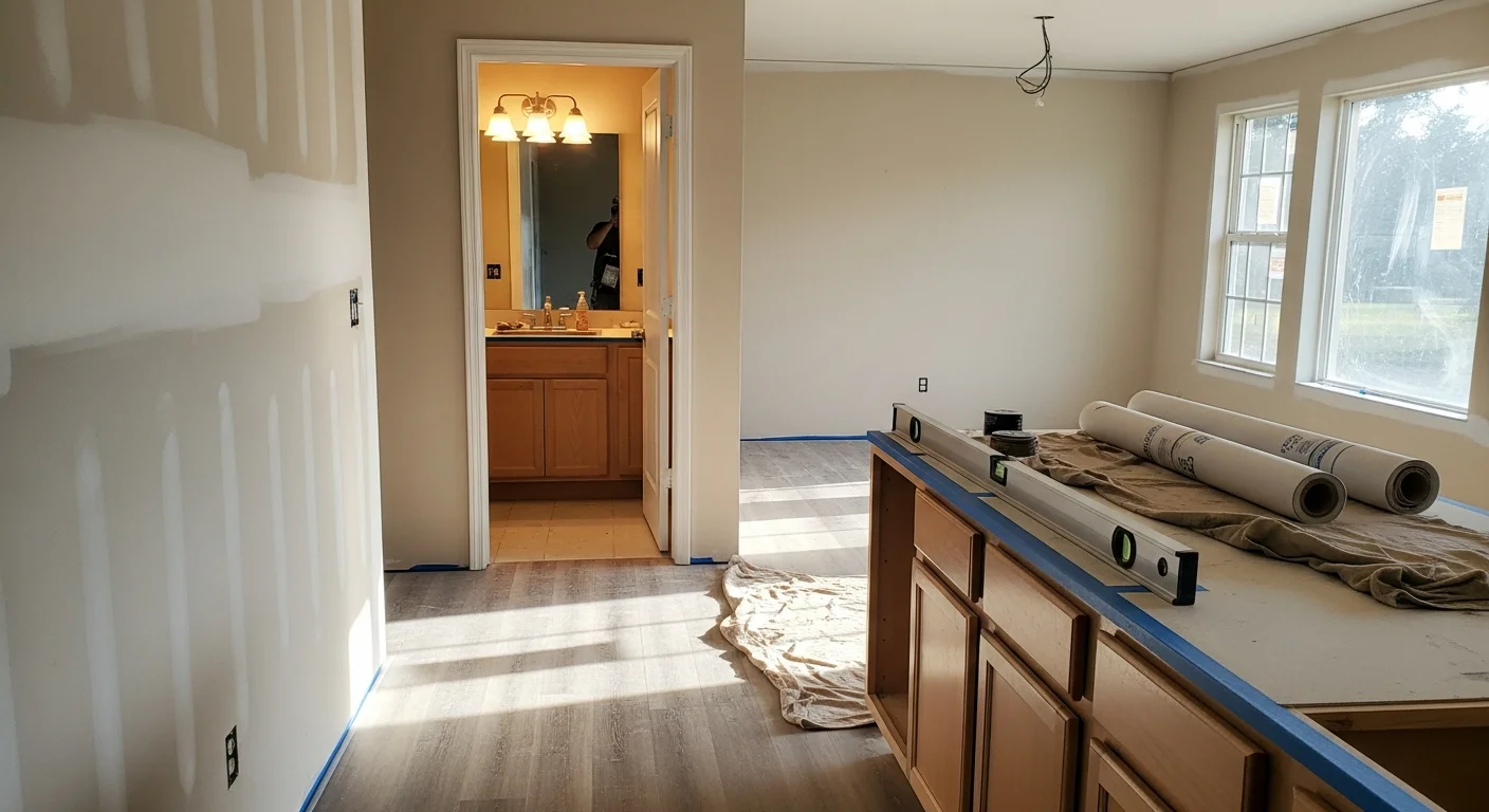 Remodeled condominium unit interior in Lutz, Florida showing updated kitchen cabinetry, new flooring, and fresh wall finishes. The space reflects a completed Heritage Legacy Builders renovation inside a Lutz condo community.