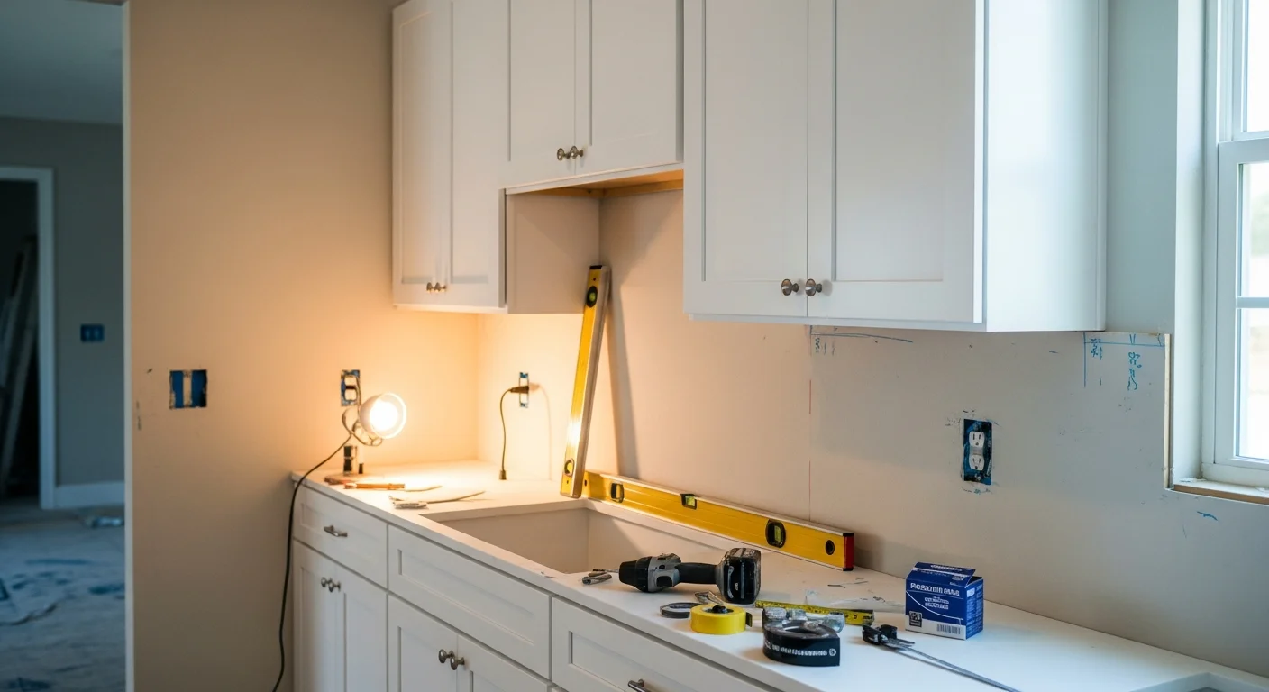 Newly installed custom kitchen cabinets with soft-close hardware and clean trim work inside a single-family home in Lutz, Florida. Floor-to-ceiling cabinet run with open upper shelving and lower base cabinets fitted to the room's exact wall dimensions.