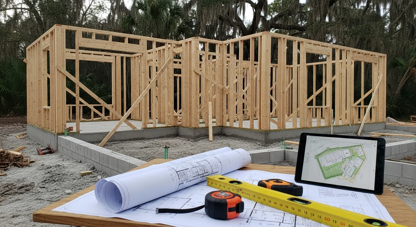 A newly completed custom home in Lutz, Florida, built by Heritage Legacy Builders using a design-build approach, showing a single-story residence on a wooded residential lot. The exterior reflects a floor plan designed around the specific site conditions of the Lutz property.