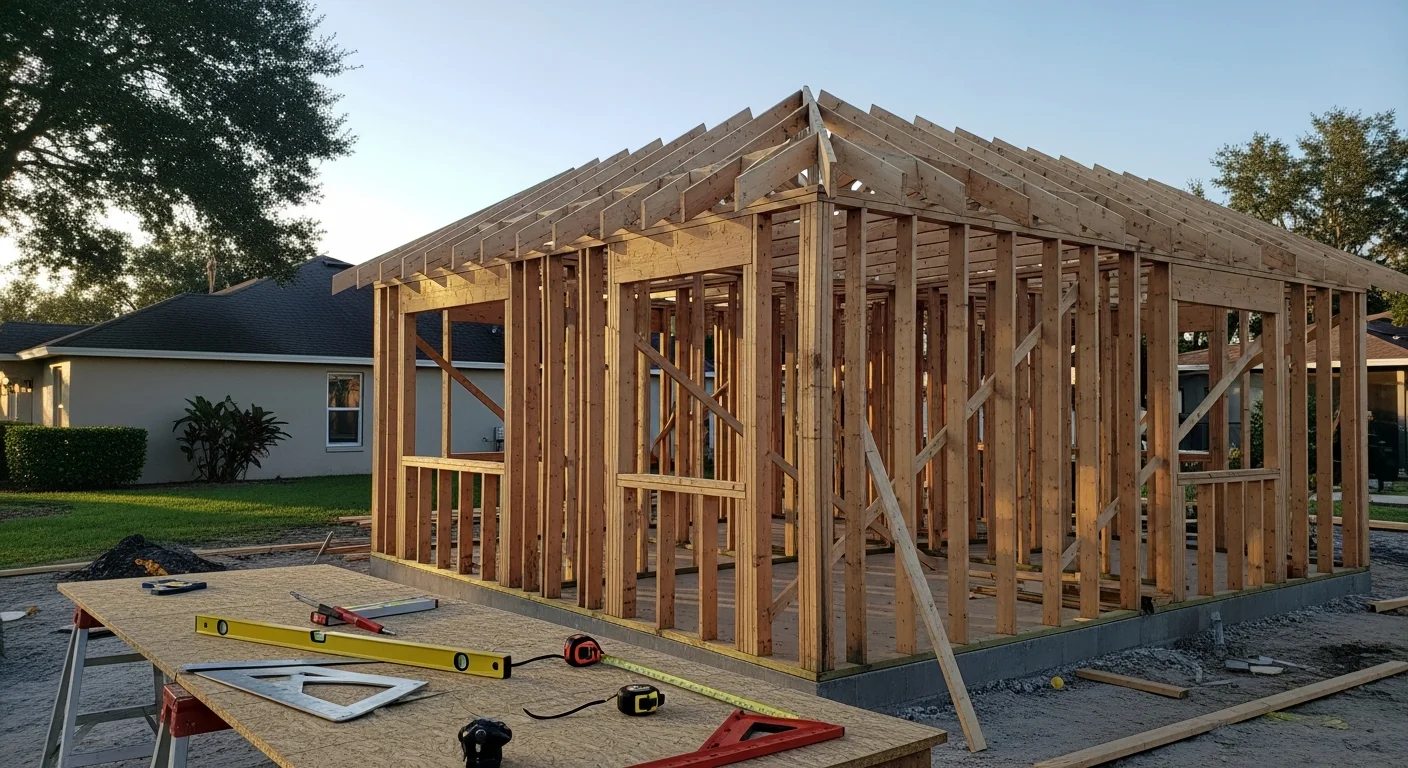 A newly constructed detached guest house in a Lutz, Florida backyard, featuring an exterior that matches the primary residence with a covered entry and Florida-appropriate landscaping. The structure sits on a clearly defined footprint with visible setback space from the property line.