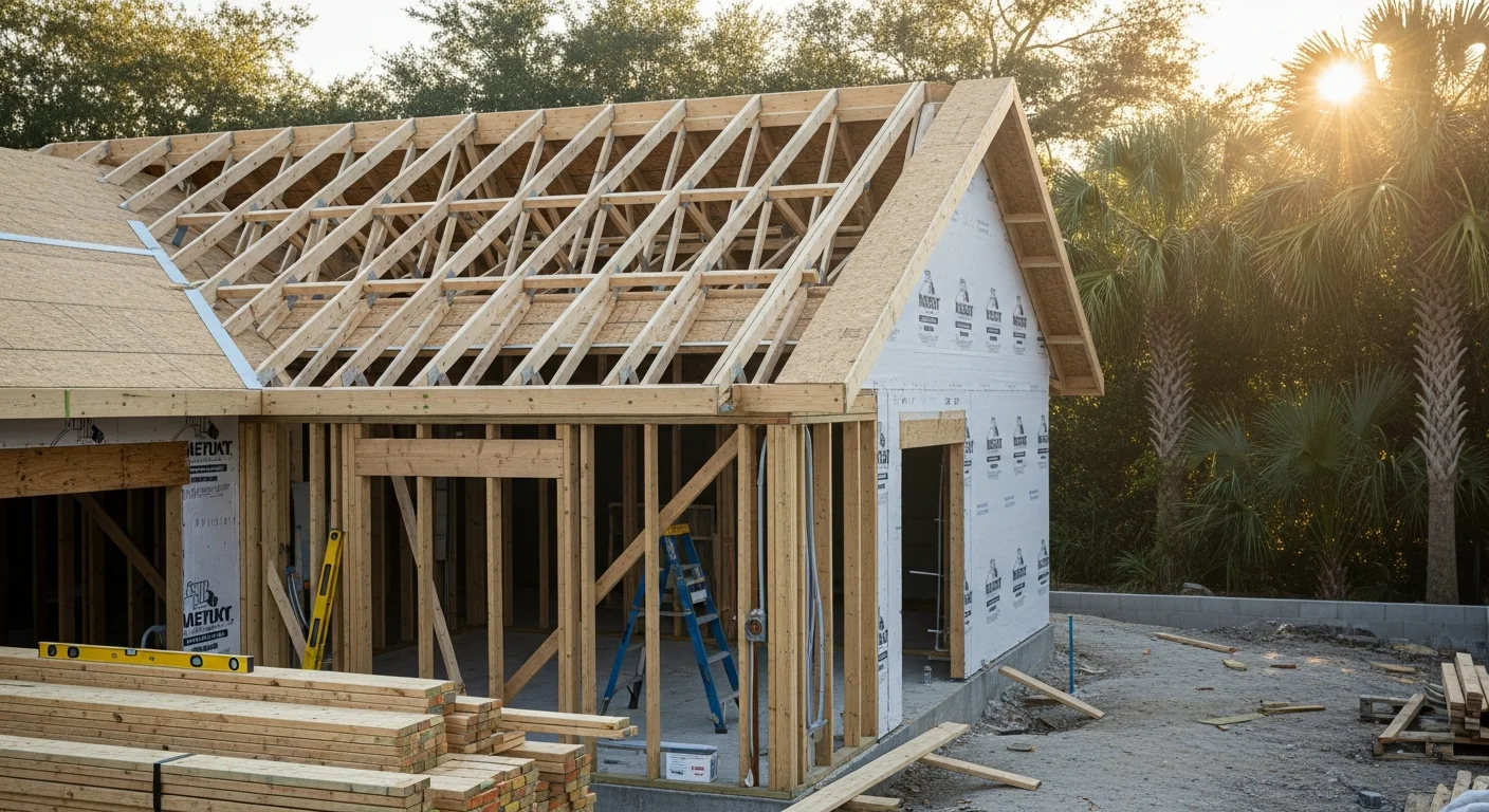 A single-story Lutz, Florida home with a newly completed room addition, showing a matched roofline and exterior finish that blends with the original structure. The addition extends off the rear of the home onto a cleared residential lot with mature Florida landscaping.