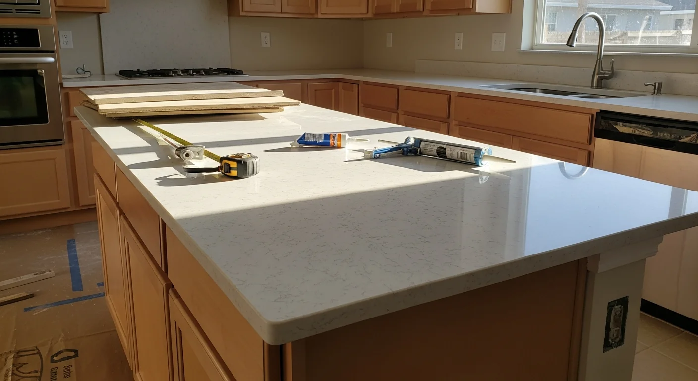 Newly installed kitchen countertop in a single-family home in Lutz, Florida, with clean seams along the cabinet line and a fitted sink cutout. The kitchen features an open layout typical of established Lutz subdivisions.