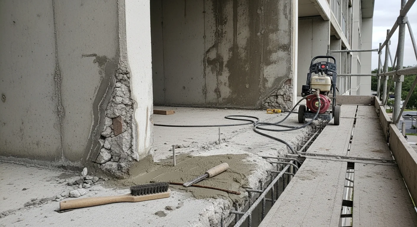 Repaired concrete balcony slab on a multifamily building in Lutz, FL, showing smooth restored surface with no visible spalling or rust staining. Structural restoration work completed on an occupied condominium property in Hillsborough County.