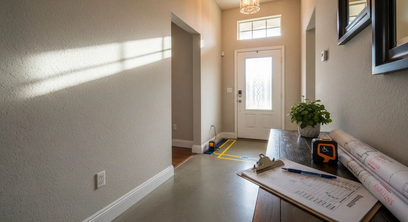 A Lutz home bathroom remodeled with Universal Design features, showing a curbless shower entry, grab bars, and wide doorway clearance. The space uses clean, residential finishes that match the rest of the home.